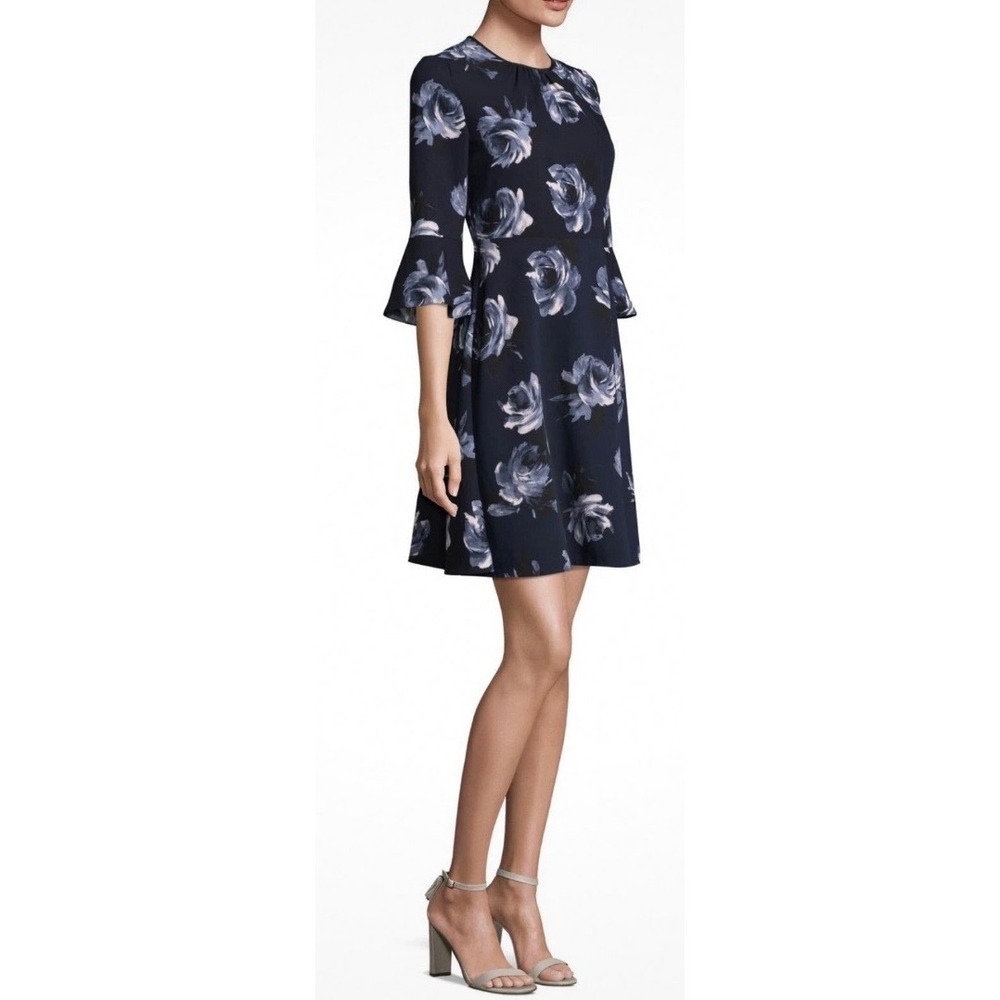 Kate Spade Navy Blue Floral Rose Crepe Fit Flare Bell Sleeve Dress NJMU7861 4